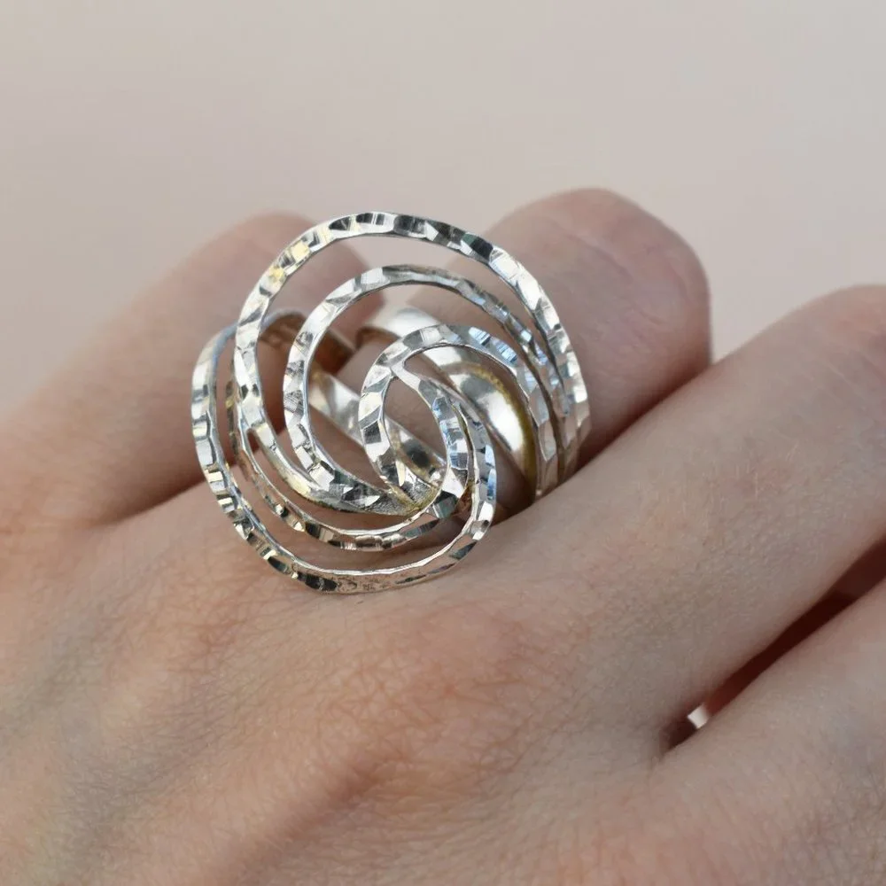 Bold extravagant silver ring for women, unusual large stoneless ring size 6 US